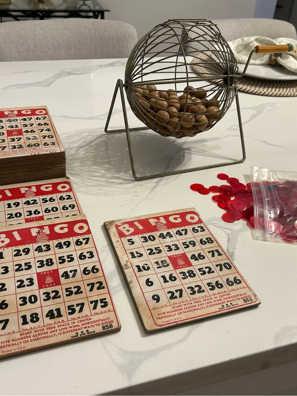 Vintage Style Table Bingo Set with Red Cards and Markers 3 Balls Missing